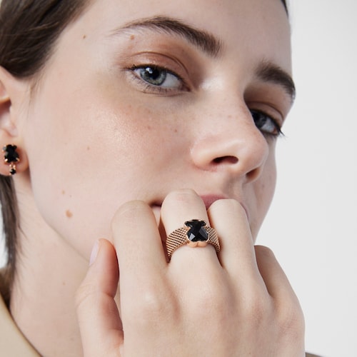 Rose IP Steel TOUS Mesh Color Ring with faceted Onyx Bear motif