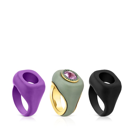 Anillo sello con baño de oro 18 kt sobre plata, fundas intercambiables y amatista Virtual Garden