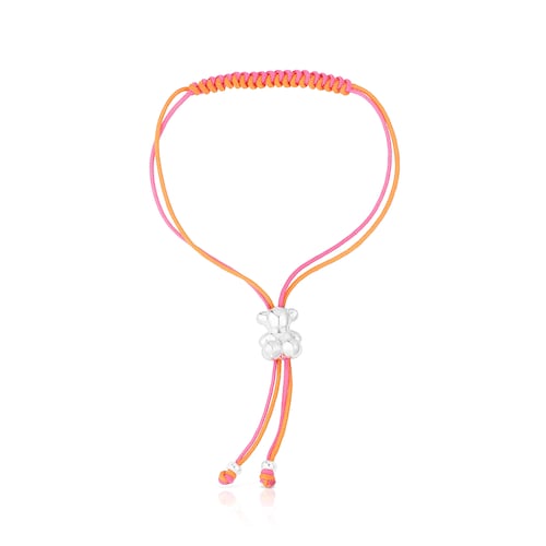Pulsera de cordón fucsia y naranja con oso de plata Bold Bear