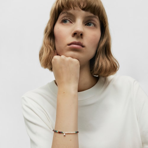 Pulsera elástica con gemas, perlas cultivadas y motivo oso de plata Bold Motif