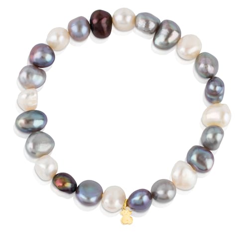Gold Sweet Dolls Bracelet with white, grey and blue baroque pearls and Bear motif