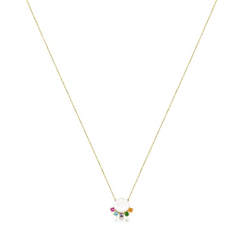Gold Real Sisy Necklace with Pearl and Gemstones