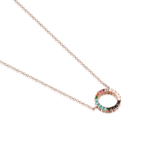 Straight disc Necklace in Rose Silver Vermeil with Gemstones